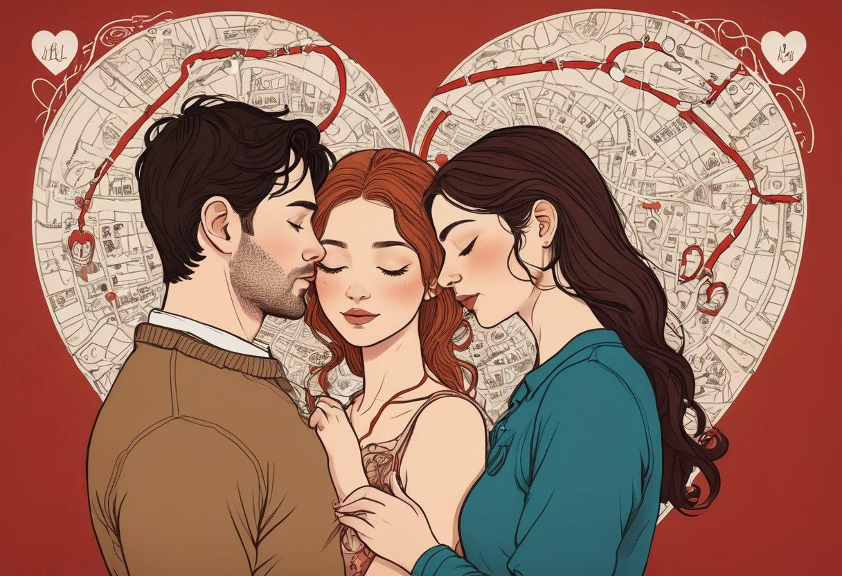 A passionate couple in an intimate embrace, surrounded by a roadmap filled with symbols of love and kink, like heart-shaped locks and playful whips. The background features soft, warm colors that evoke a sense of warmth and deep connection, with whimsical doodles representing different relationship insights intertwined with the roadmap. A subtle hint of sensuality is present, inviting curiosity and exploration. vibrant colors. super-realistic. intimate atmosphere.