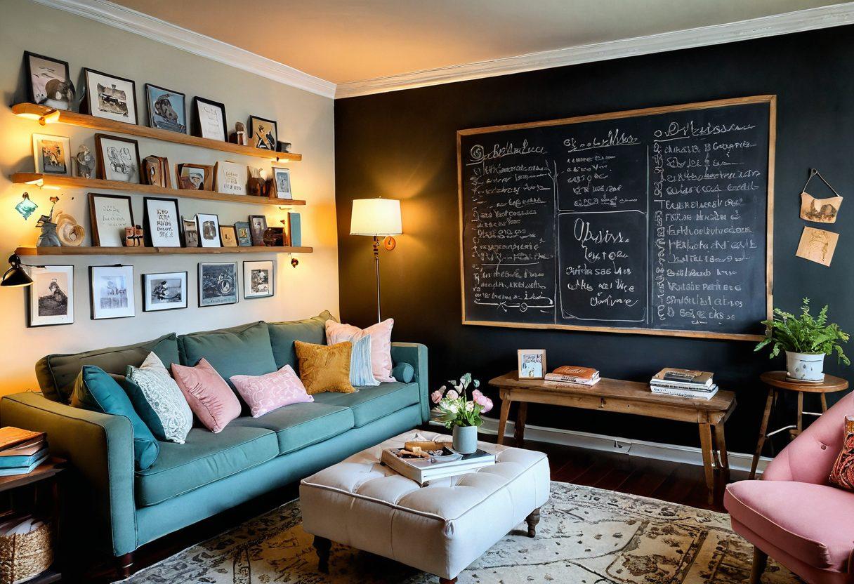 A whimsical, inviting room filled with soft lighting and eclectic decor, featuring cozy seating with plush cushions and a coffee table stacked with open books on relationships and intimacy. In one corner, a chalkboard displays playful doodles and quotes about love and connection, creating an atmosphere of openness and curiosity. Include pastel colors and warm tones to enhance comfort and intimacy. vintage style. soft lighting.