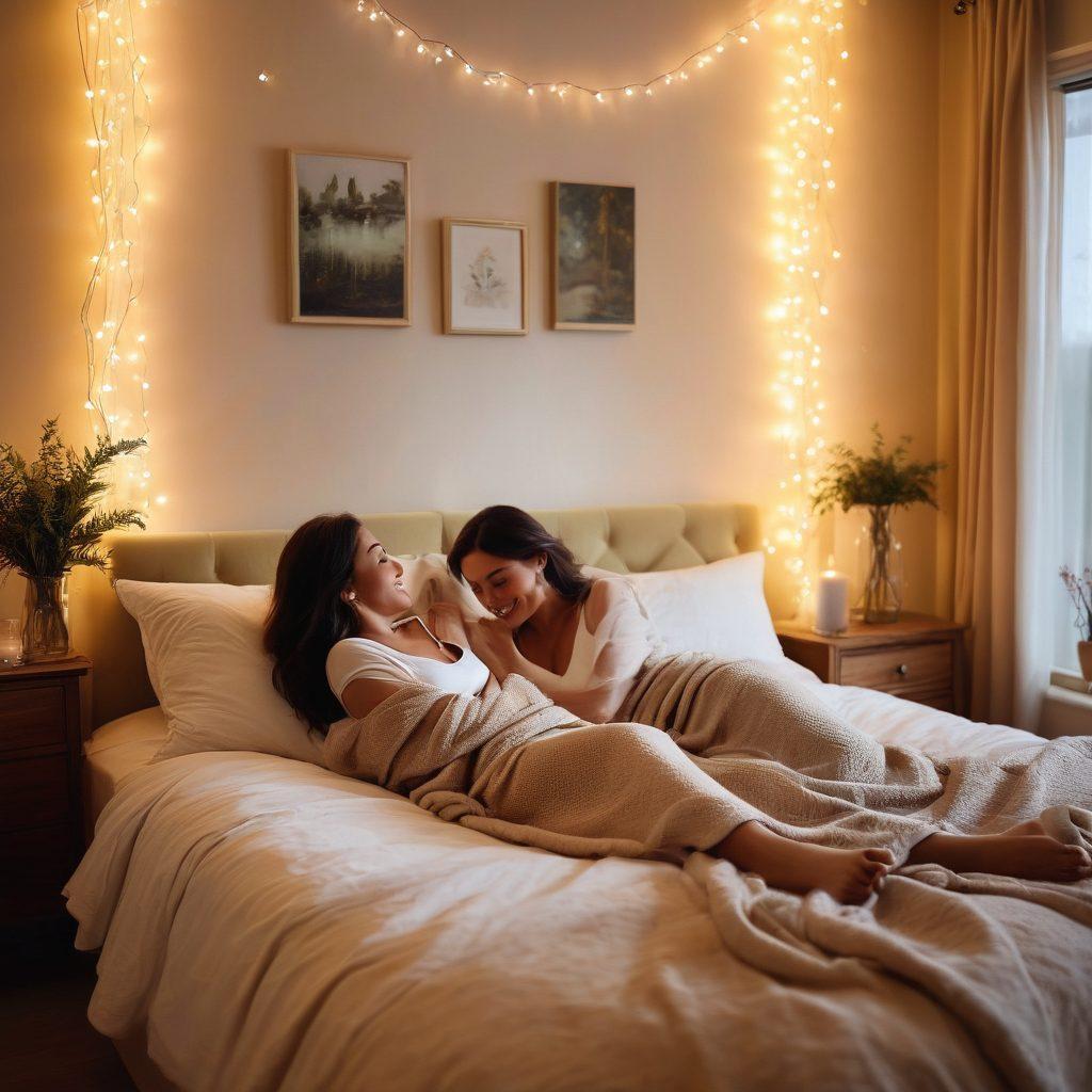 A serene and elegantly styled bedroom bathed in soft, warm light, featuring an inviting bed adorned with plush blankets and pillows. In the foreground, a couple joyfully shares a light-hearted moment, laughing and enjoying intimacy, surrounded by tasteful decor that symbolizes wellness, like candles, plants, and wellness books. A subtle representation of fantasy with fairy lights or whimsical artwork in the background, illustrating the blend of reality and imagination. soft focus. warm tones. dreamy atmosphere.